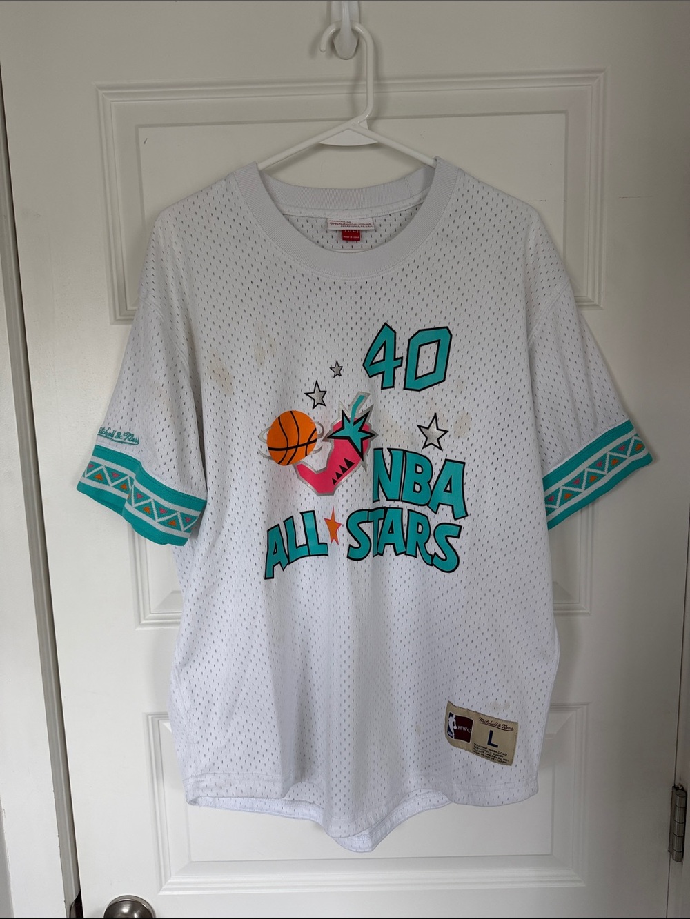 Mitchell & Ness White Teal Pink NBA Mesh Jersey Tee - Shawn Kemp
